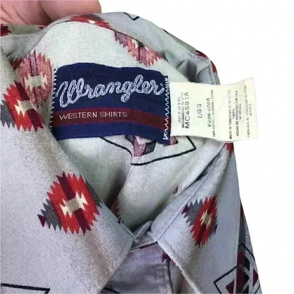 Wrangler Men L Aztec Southwest Western Snap Up Shirt Gray Cotton Long Sleeve VTG - Picture 7 of 7
